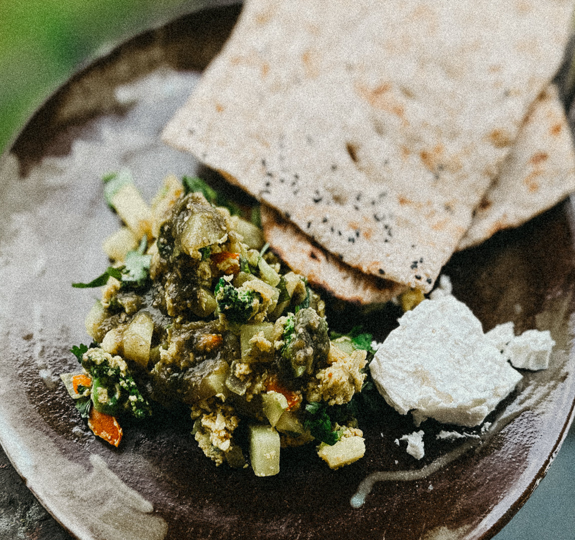 Veggie Hash Scramble and Green Sauce