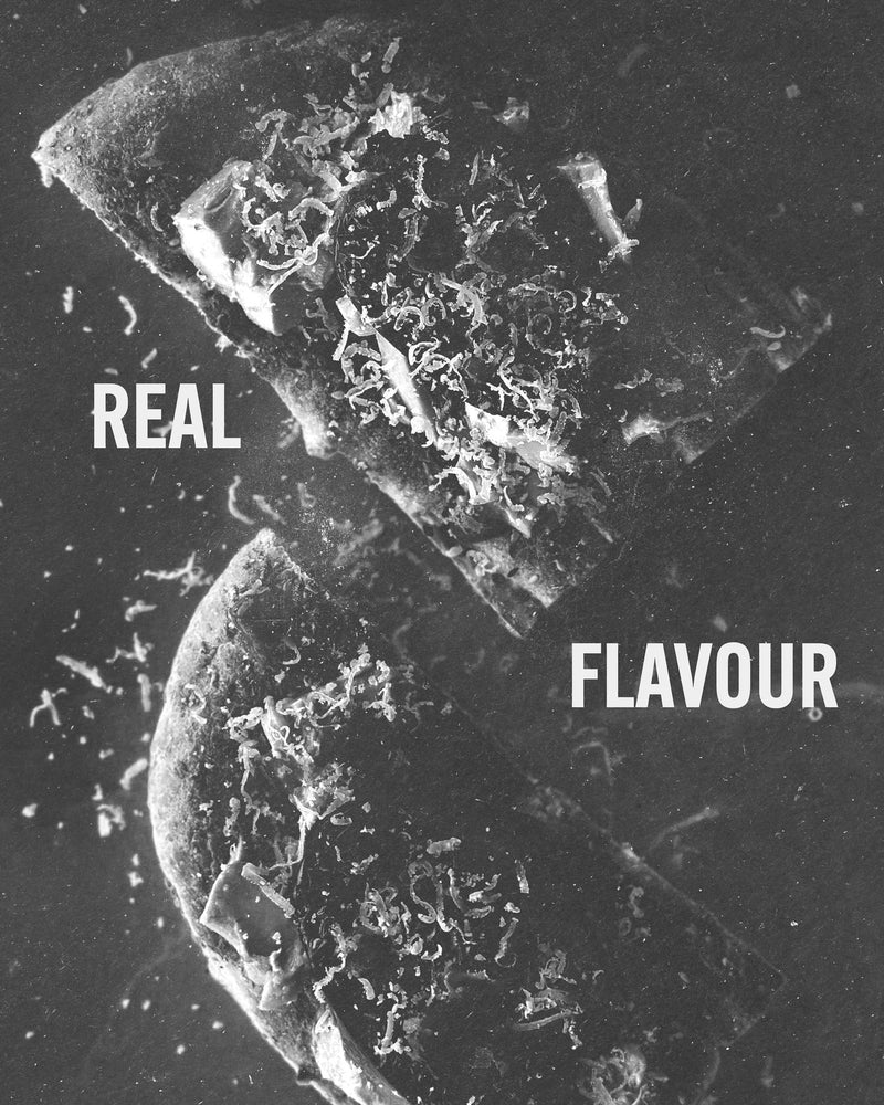 Black and white image of flat bread with the text that says Real Flavour | To The Next Journey